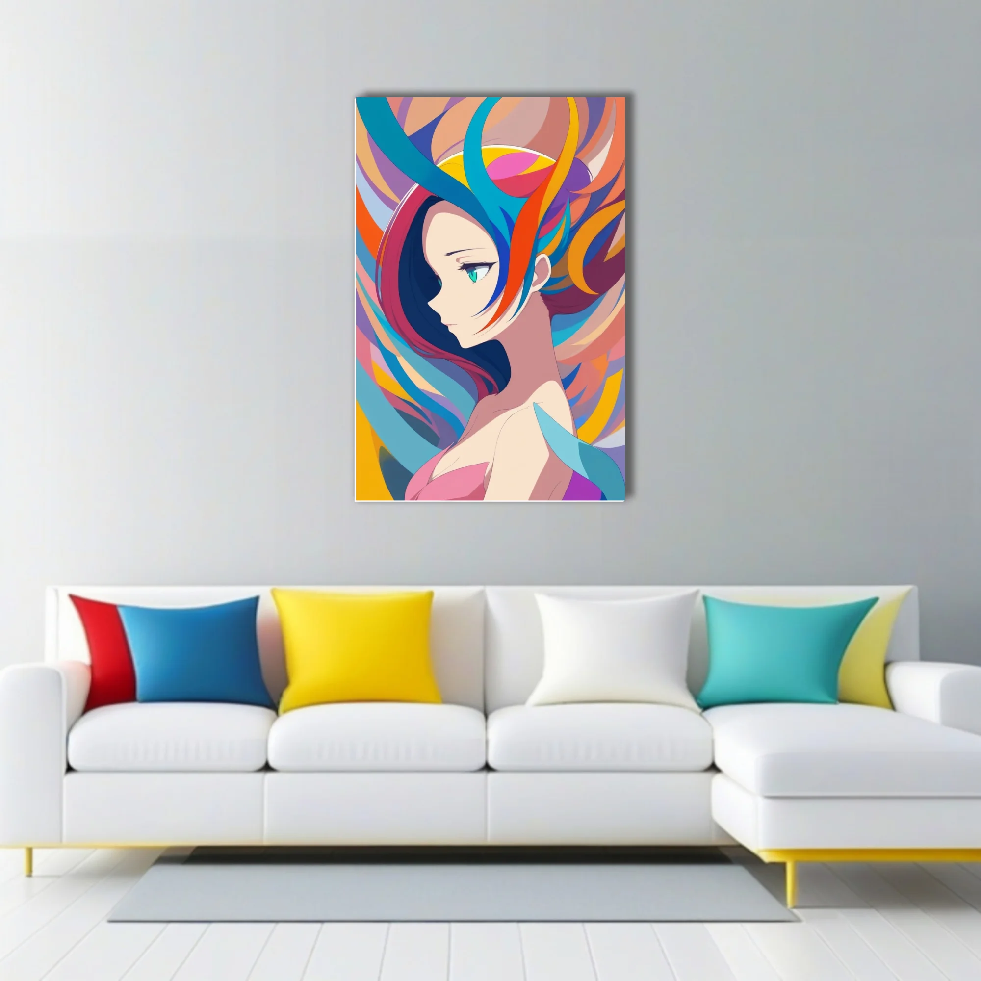 Stylized portrait of a woman with swirling rainbow hair, vivid bold palette
