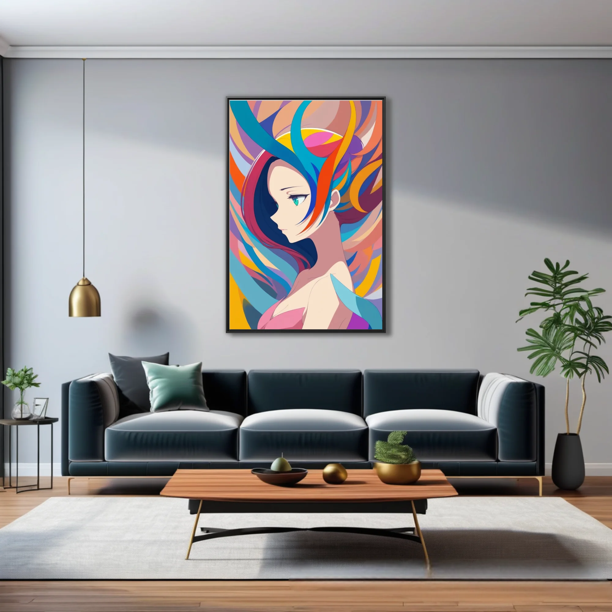 Stylized portrait of a woman with swirling rainbow hair, vivid bold palette