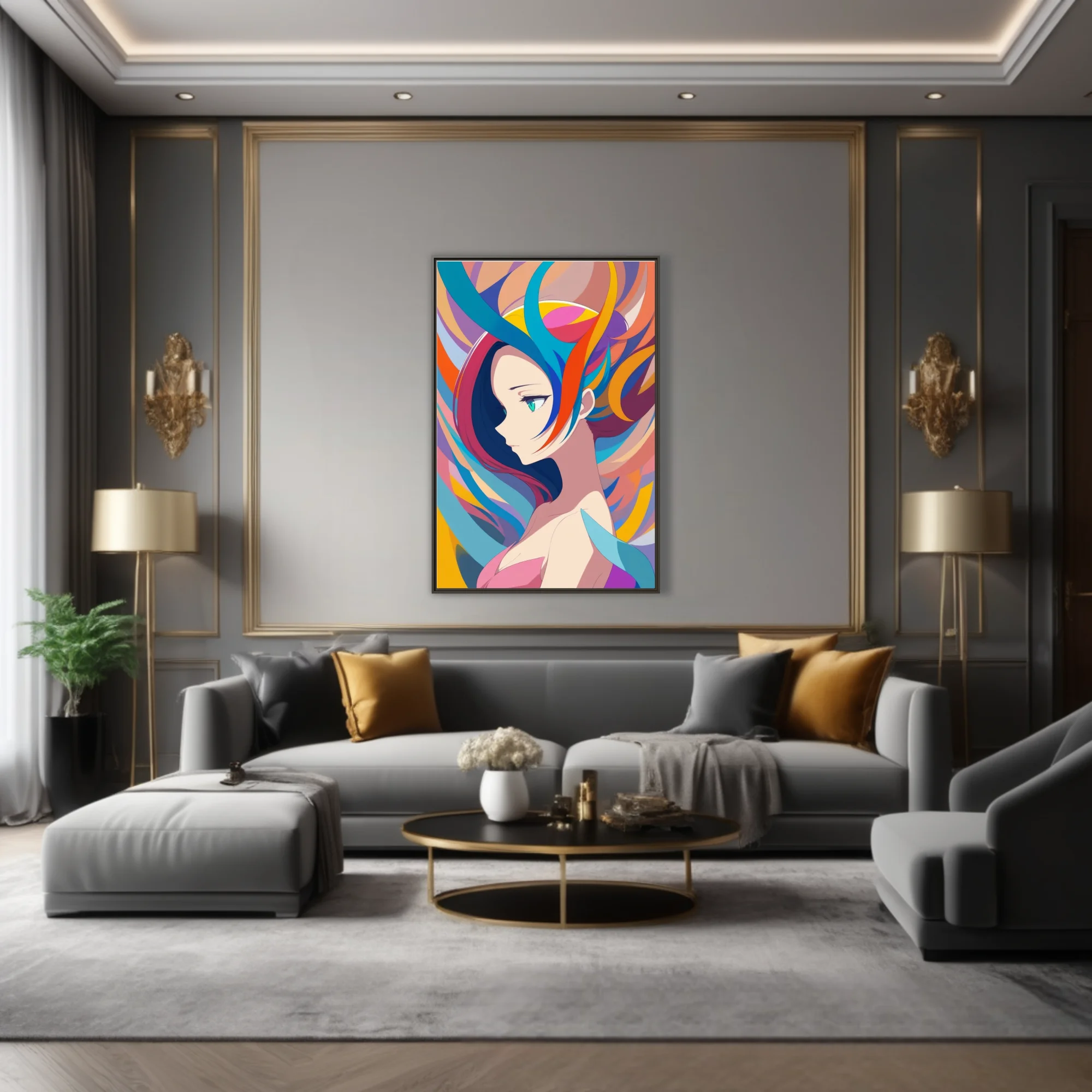 Stylized portrait of a woman with swirling rainbow hair, vivid bold palette