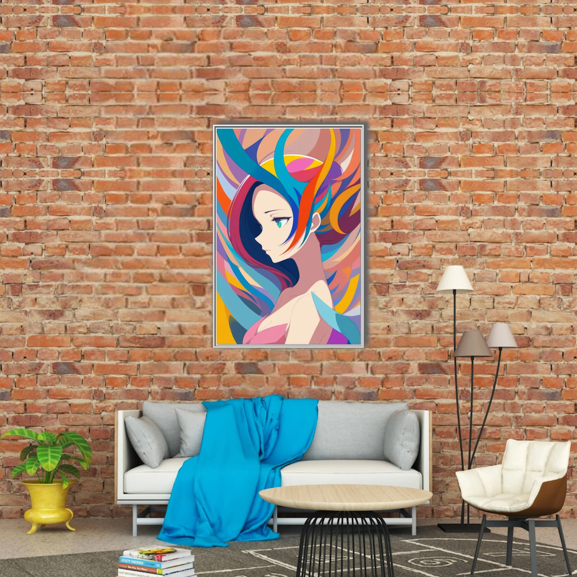 Stylized portrait of a woman with swirling rainbow hair, vivid bold palette