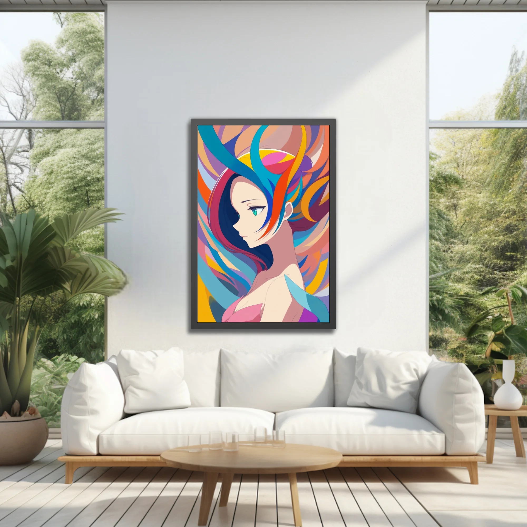 Stylized portrait of a woman with swirling rainbow hair, vivid bold palette