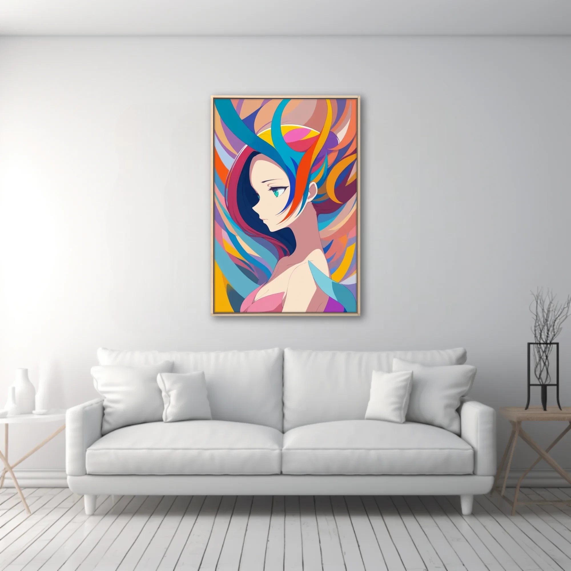 Stylized portrait of a woman with swirling rainbow hair, vivid bold palette