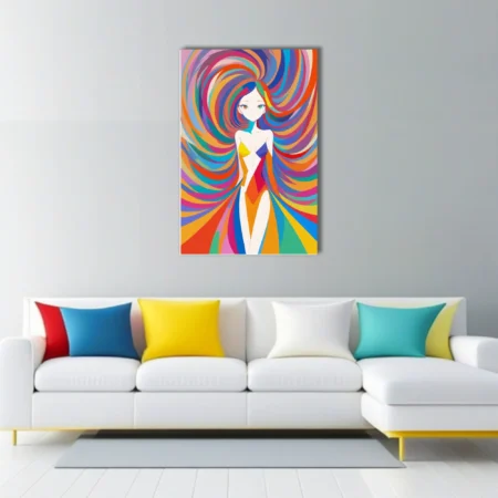Psychedelic stylized figure with swirling rainbow hair and bold graphic colors