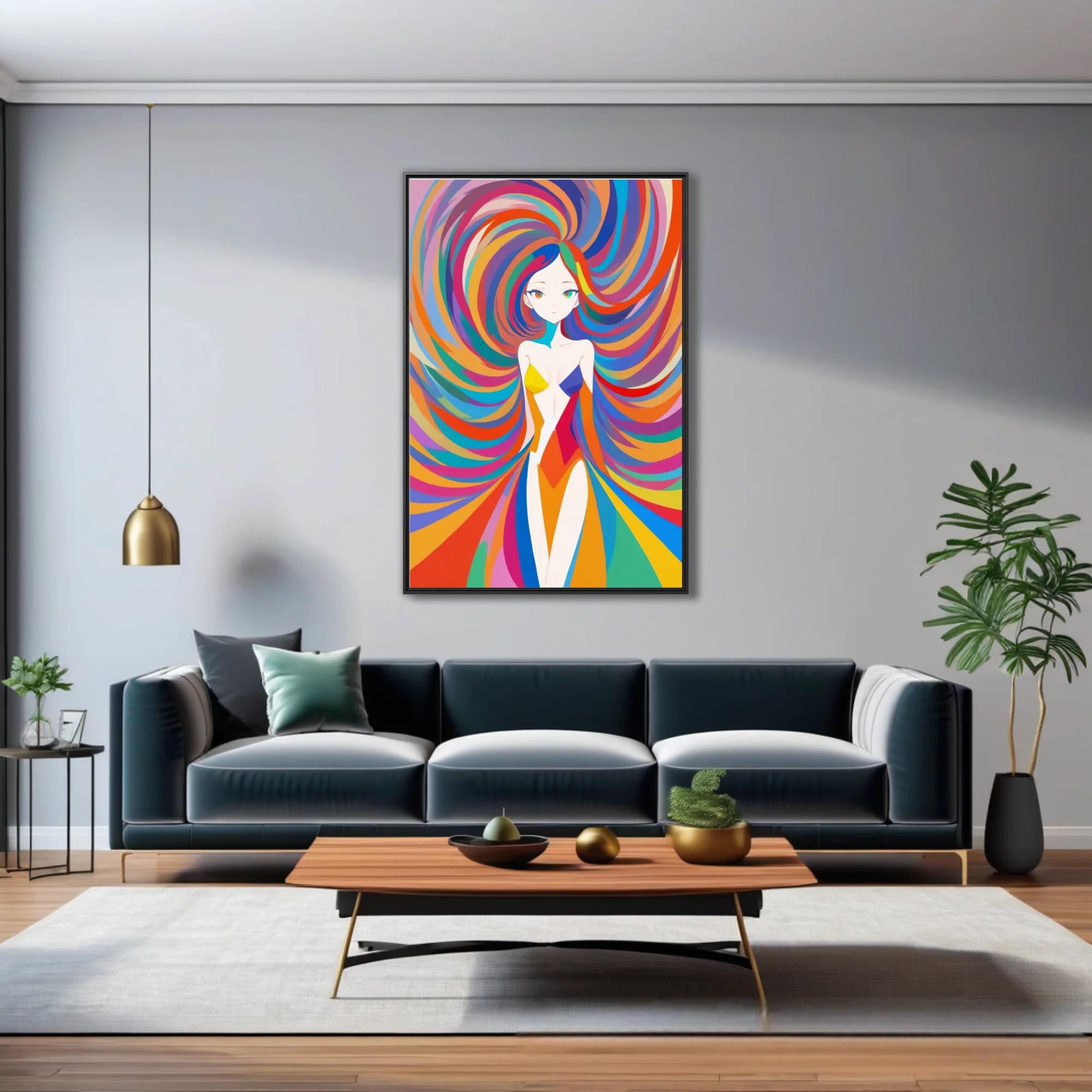 Psychedelic stylized figure with swirling rainbow hair and bold graphic colors