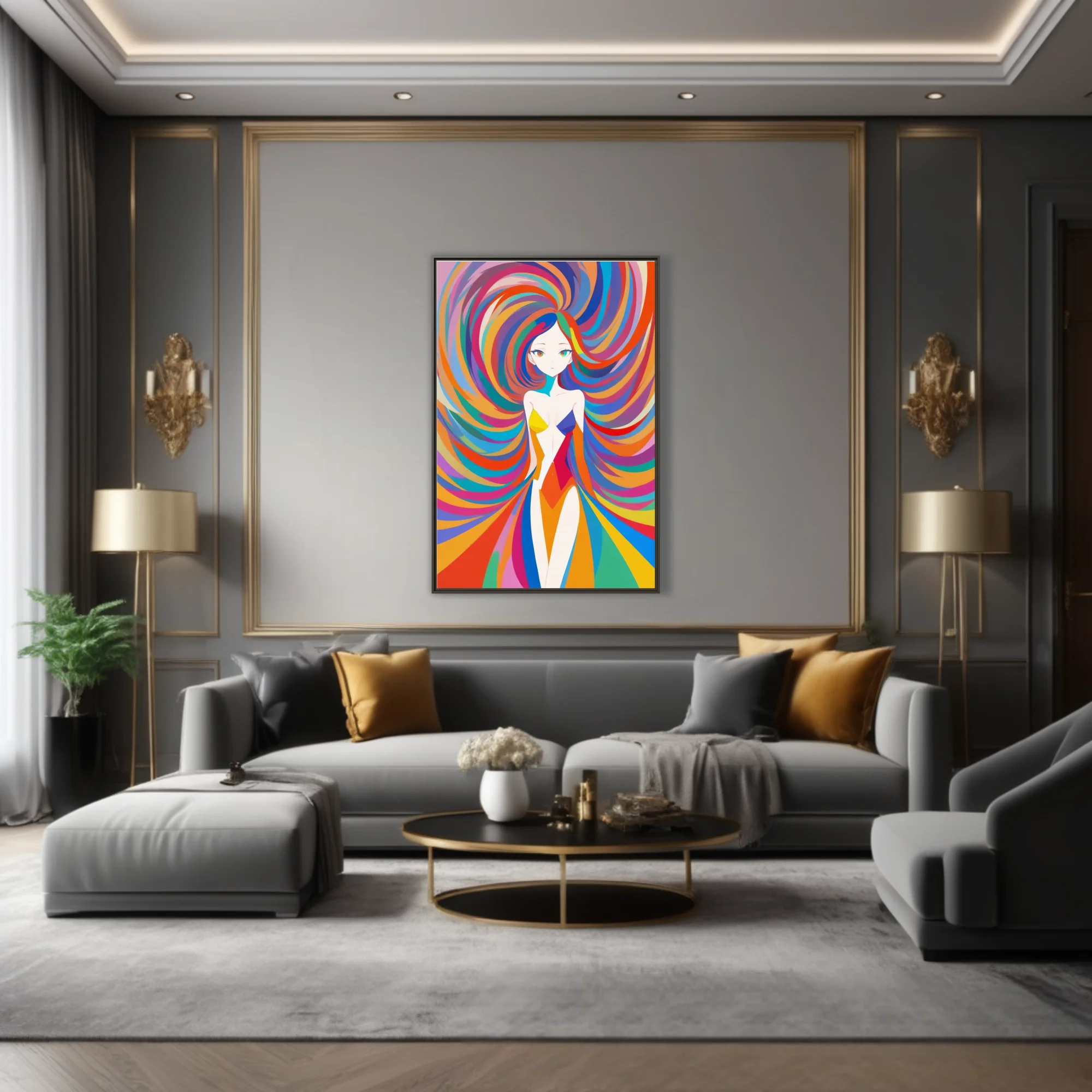 Psychedelic stylized figure with swirling rainbow hair and bold graphic colors