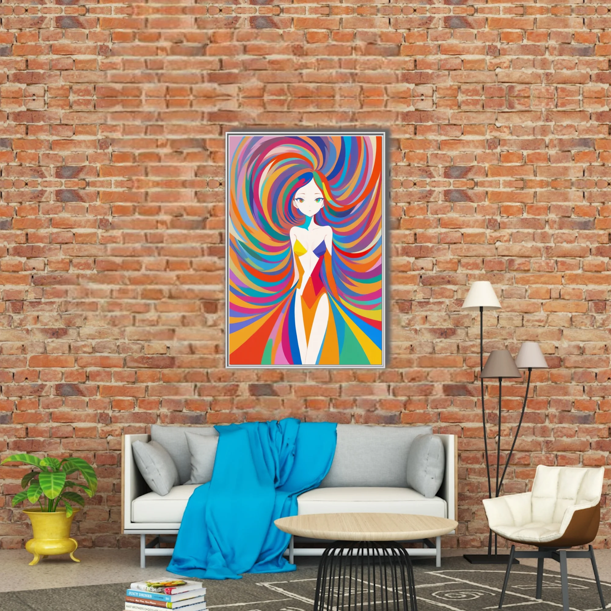 Psychedelic stylized figure with swirling rainbow hair and bold graphic colors
