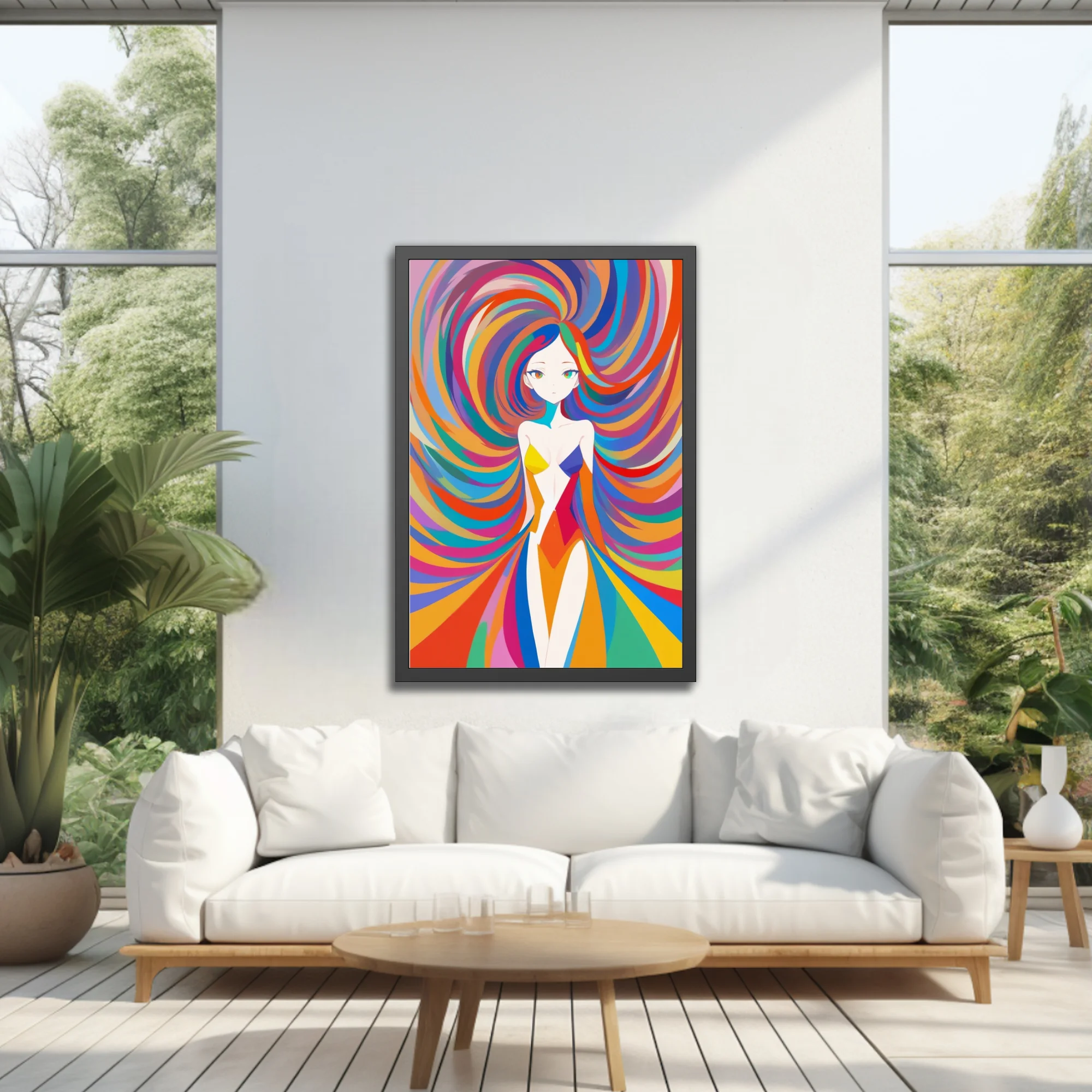Psychedelic stylized figure with swirling rainbow hair and bold graphic colors