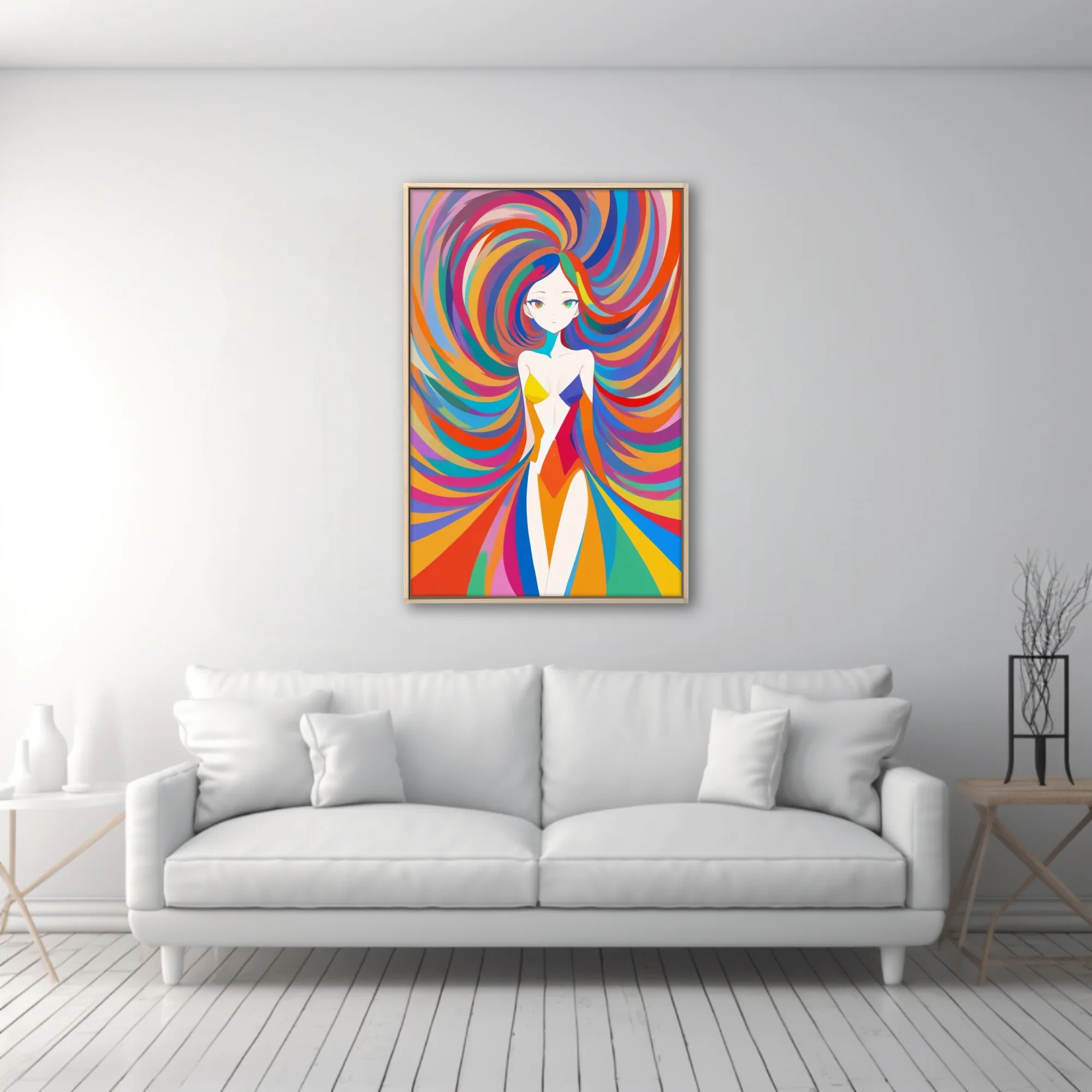Psychedelic stylized figure with swirling rainbow hair and bold graphic colors