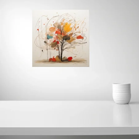 Gestural abstract autumn tree in red, mustard, ochre and teal on ivory with scribbled linework