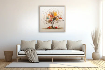 Gestural abstract autumn tree in red, mustard, ochre and teal on ivory with scribbled linework