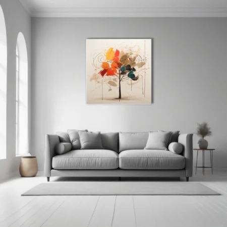 Abstract gestural tree in scarlet, yellow, orange and teal with ink linework on ivory ground