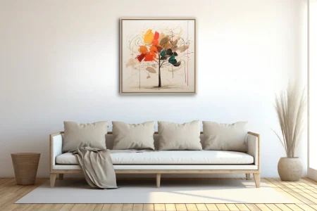 Abstract gestural tree in scarlet, yellow, orange and teal with ink linework on ivory ground
