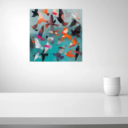 Mid-century modern abstract birds in flight, teal background, orange magenta black palette