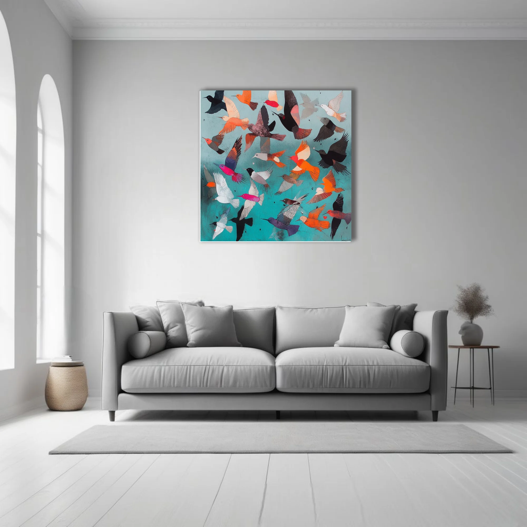 Mid-century modern abstract birds in flight, teal background, orange magenta black palette