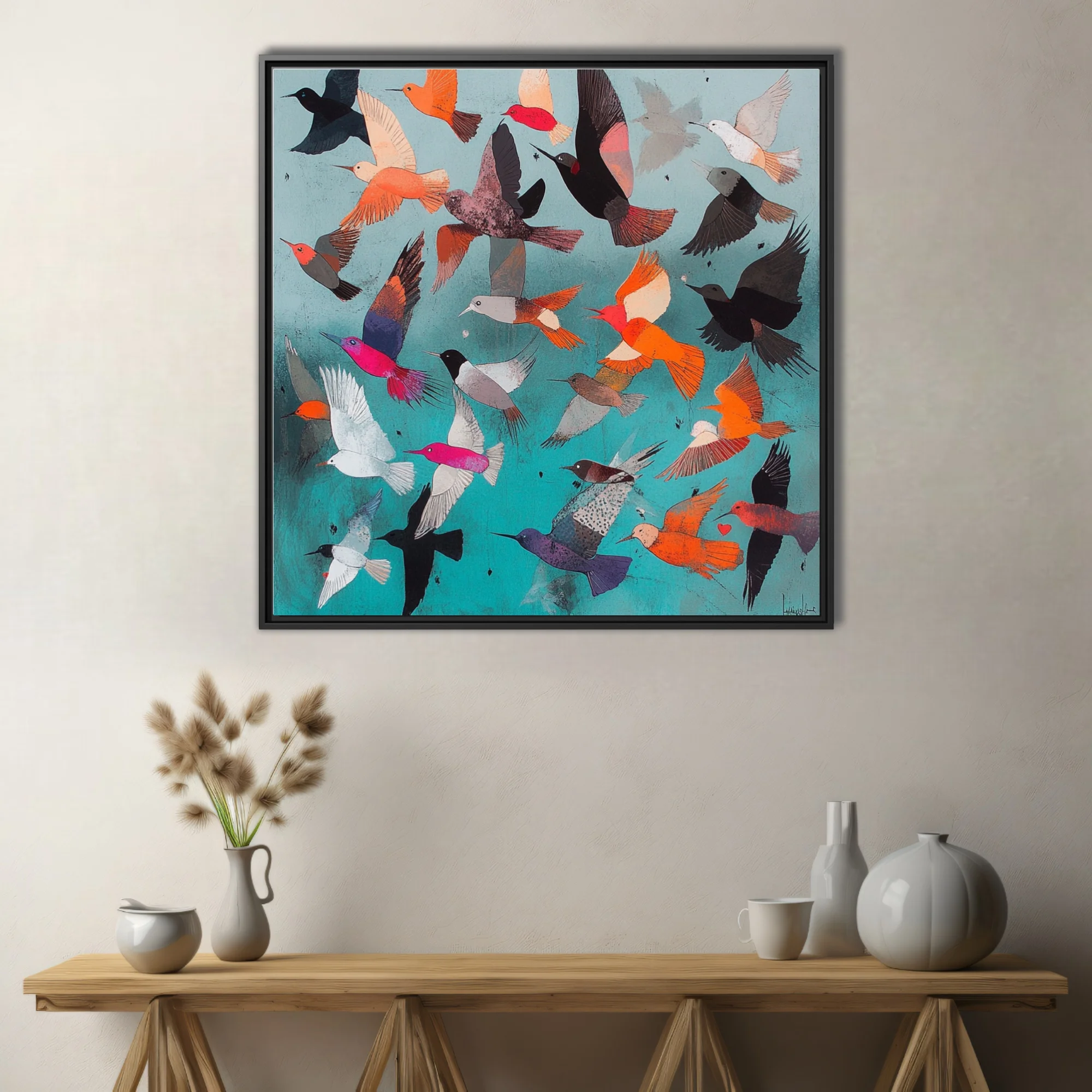 Mid-century modern abstract birds in flight, teal background, orange magenta black palette