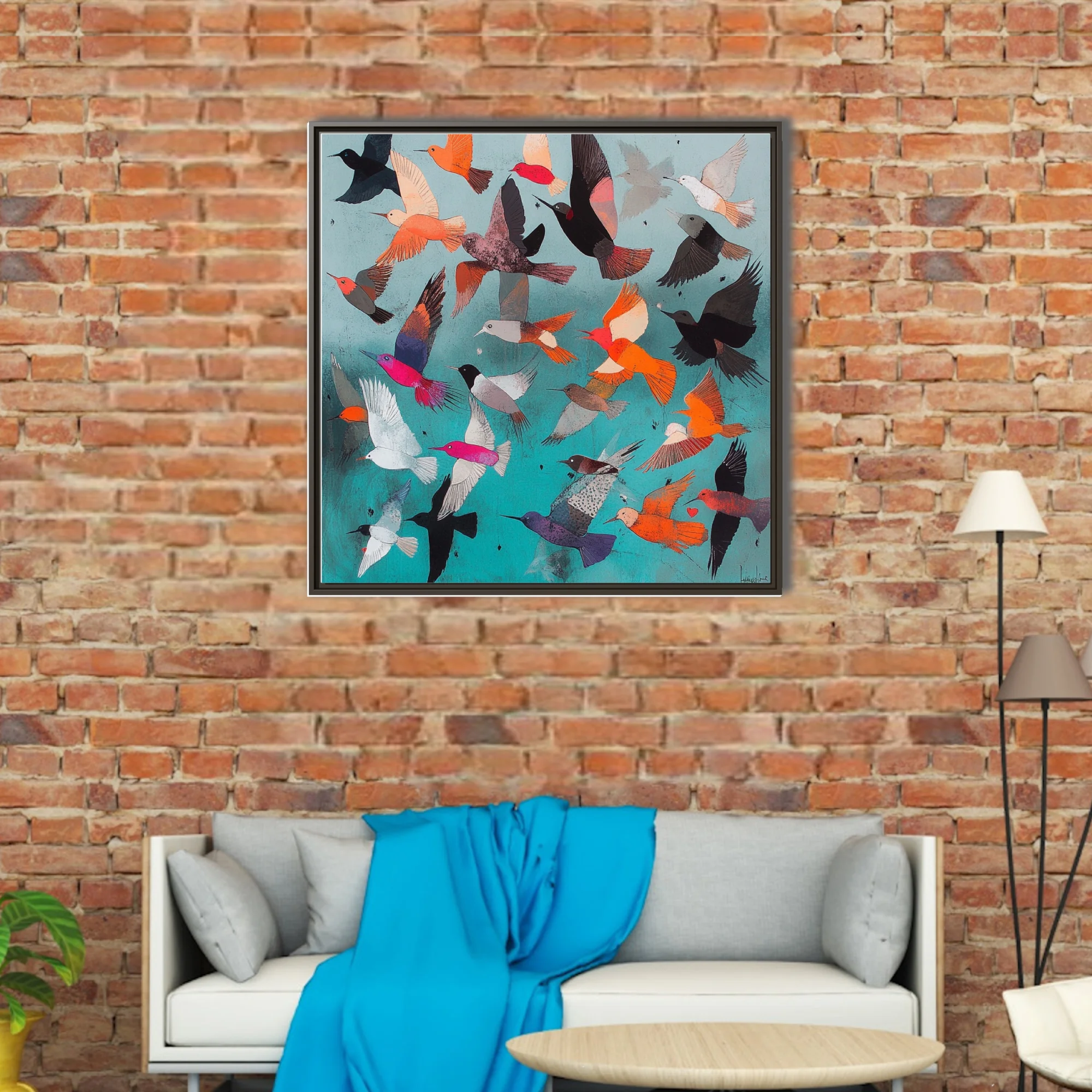 Mid-century modern abstract birds in flight, teal background, orange magenta black palette
