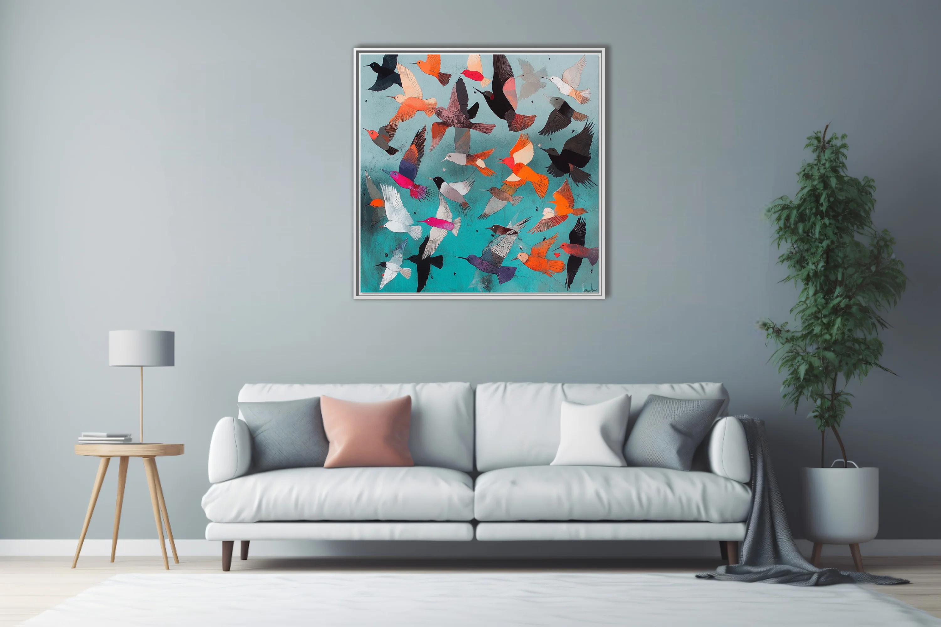 Mid-century modern abstract birds in flight, teal background, orange magenta black palette