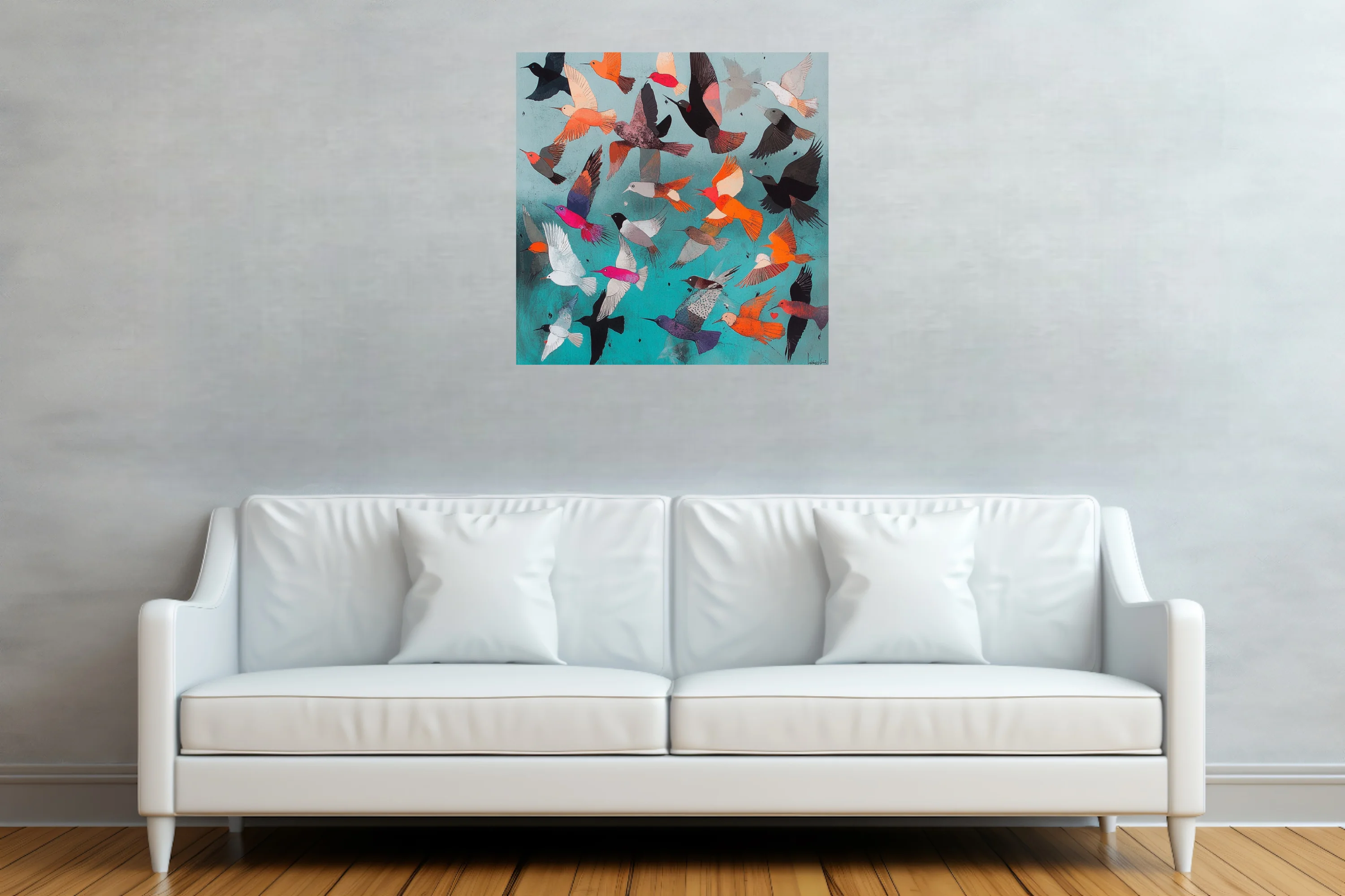 Mid-century modern abstract birds in flight, teal background, orange magenta black palette