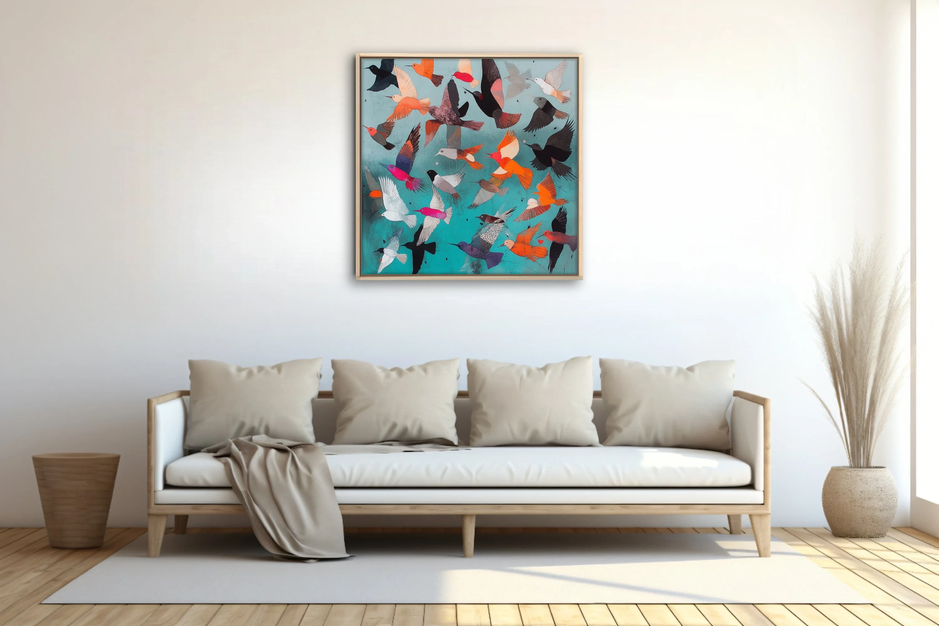 Mid-century modern abstract birds in flight, teal background, orange magenta black palette