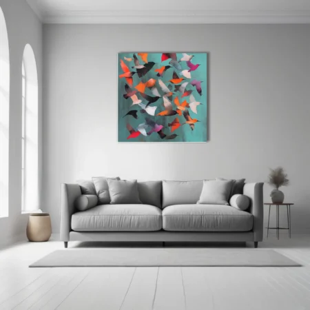 Abstract colorful birds in flight on teal — bold graphic painterly wall art
