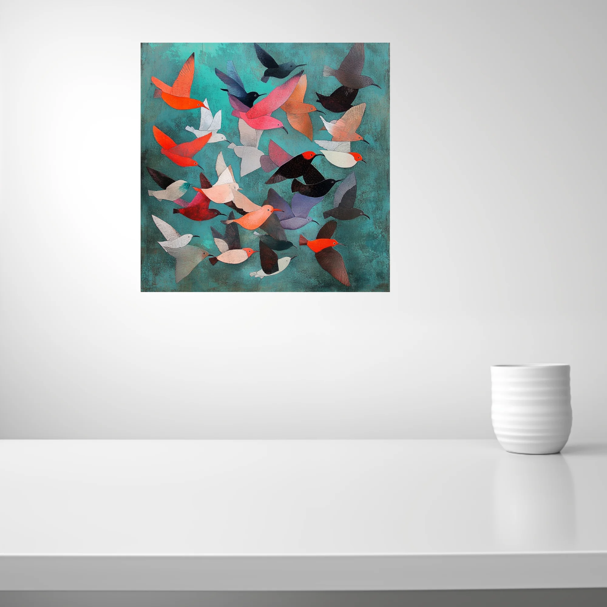 Abstract folk-art birds in flight, coral and teal palette, colorful stylized illustration