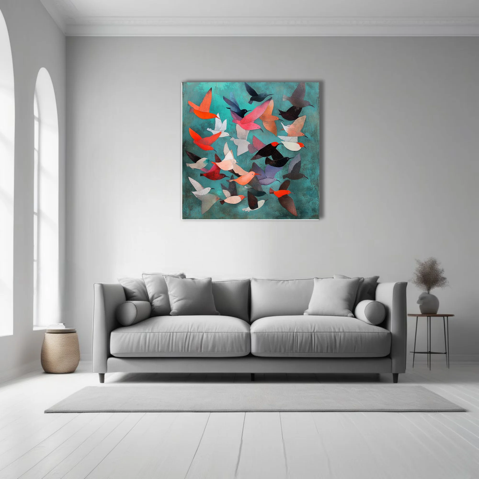 Abstract folk-art birds in flight, coral and teal palette, colorful stylized illustration