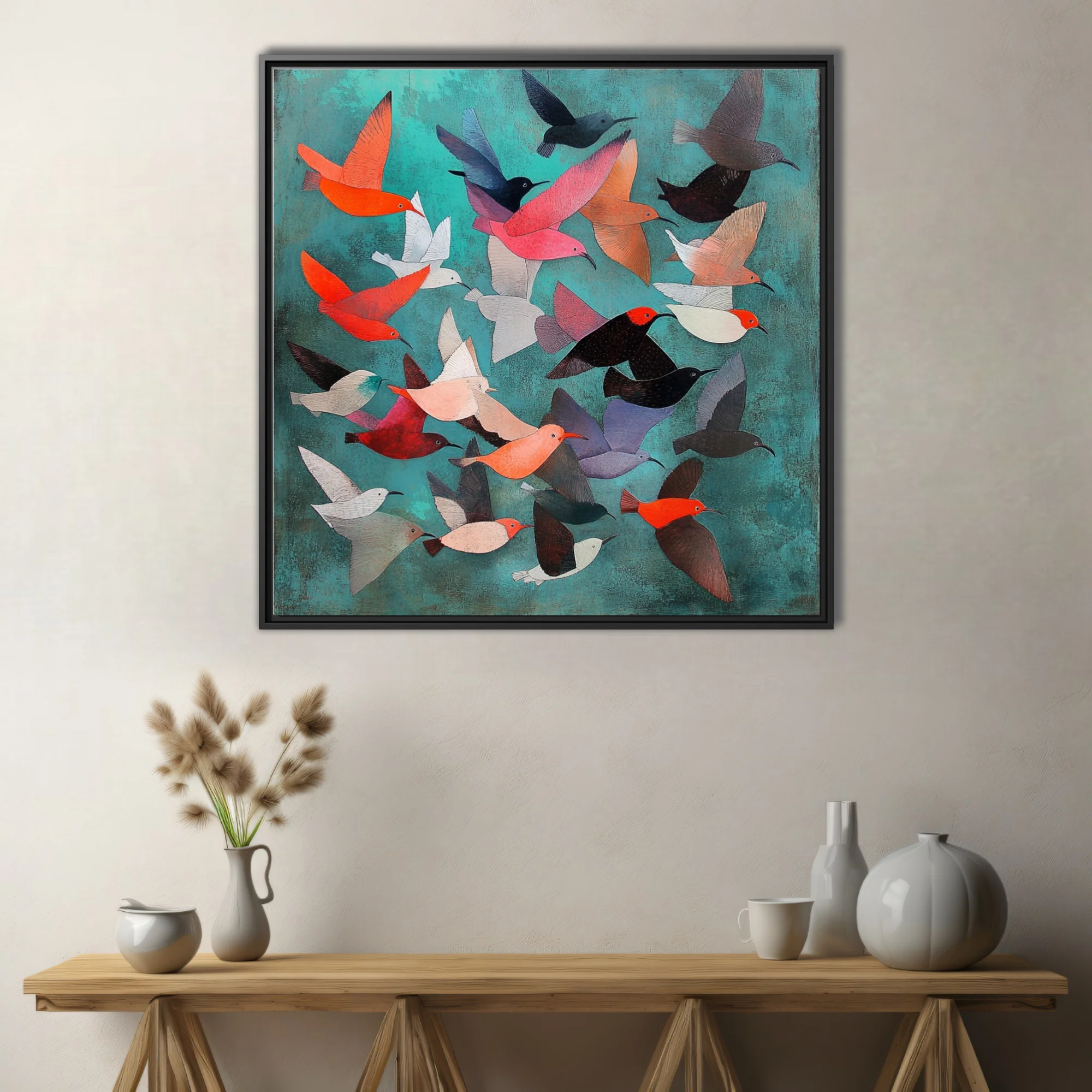 Abstract folk-art birds in flight, coral and teal palette, colorful stylized illustration