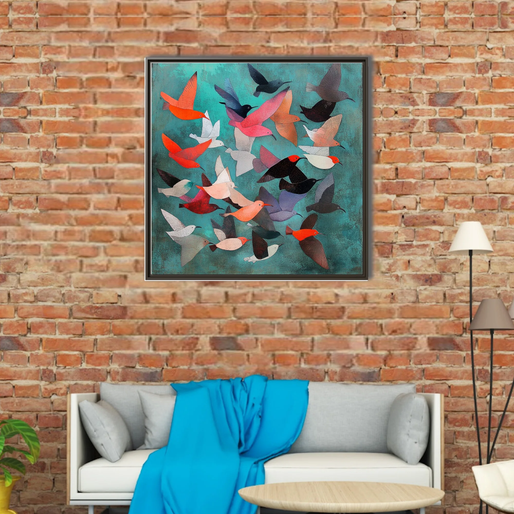 Abstract folk-art birds in flight, coral and teal palette, colorful stylized illustration