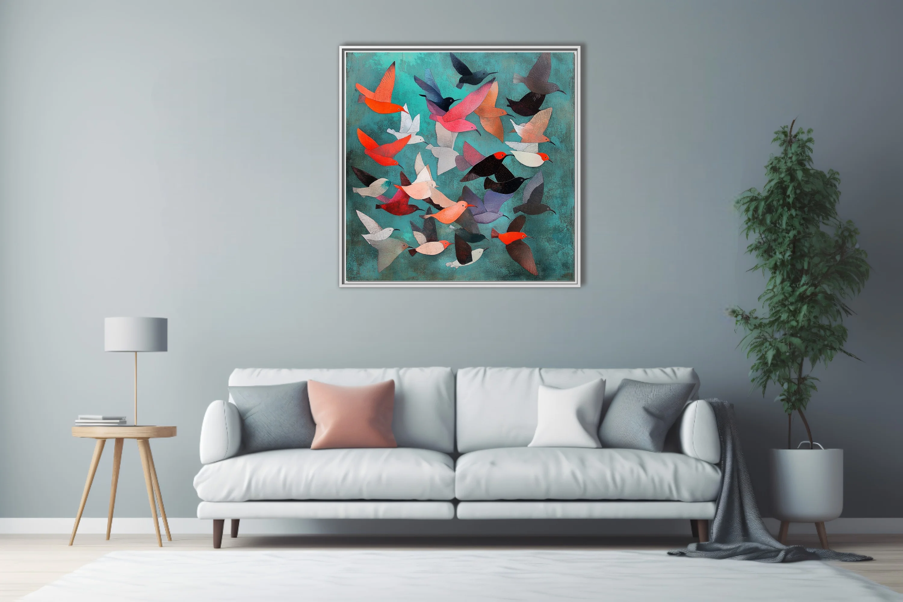 Abstract folk-art birds in flight, coral and teal palette, colorful stylized illustration