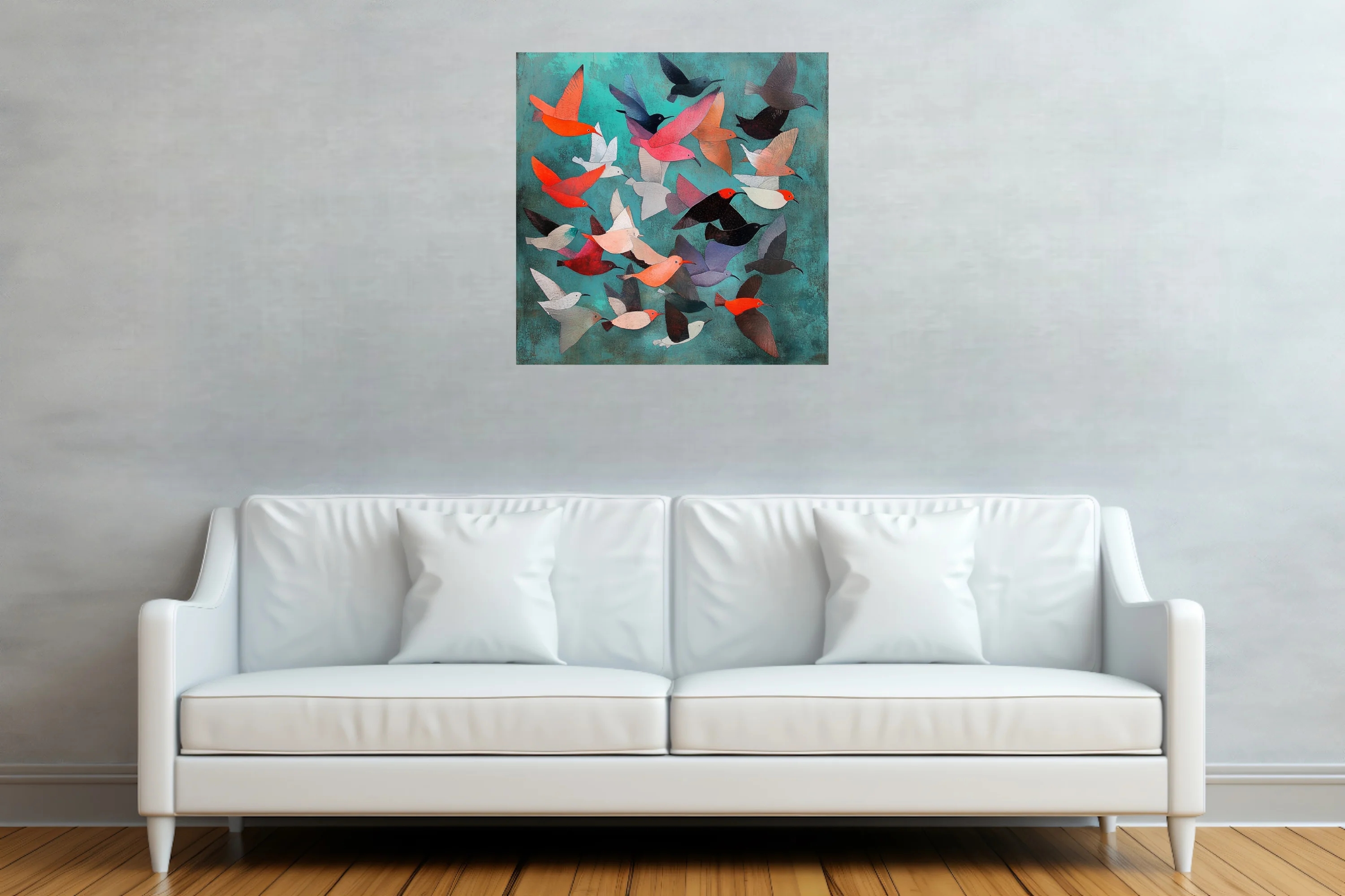 Abstract folk-art birds in flight, coral and teal palette, colorful stylized illustration