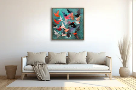 Abstract folk-art birds in flight, coral and teal palette, colorful stylized illustration