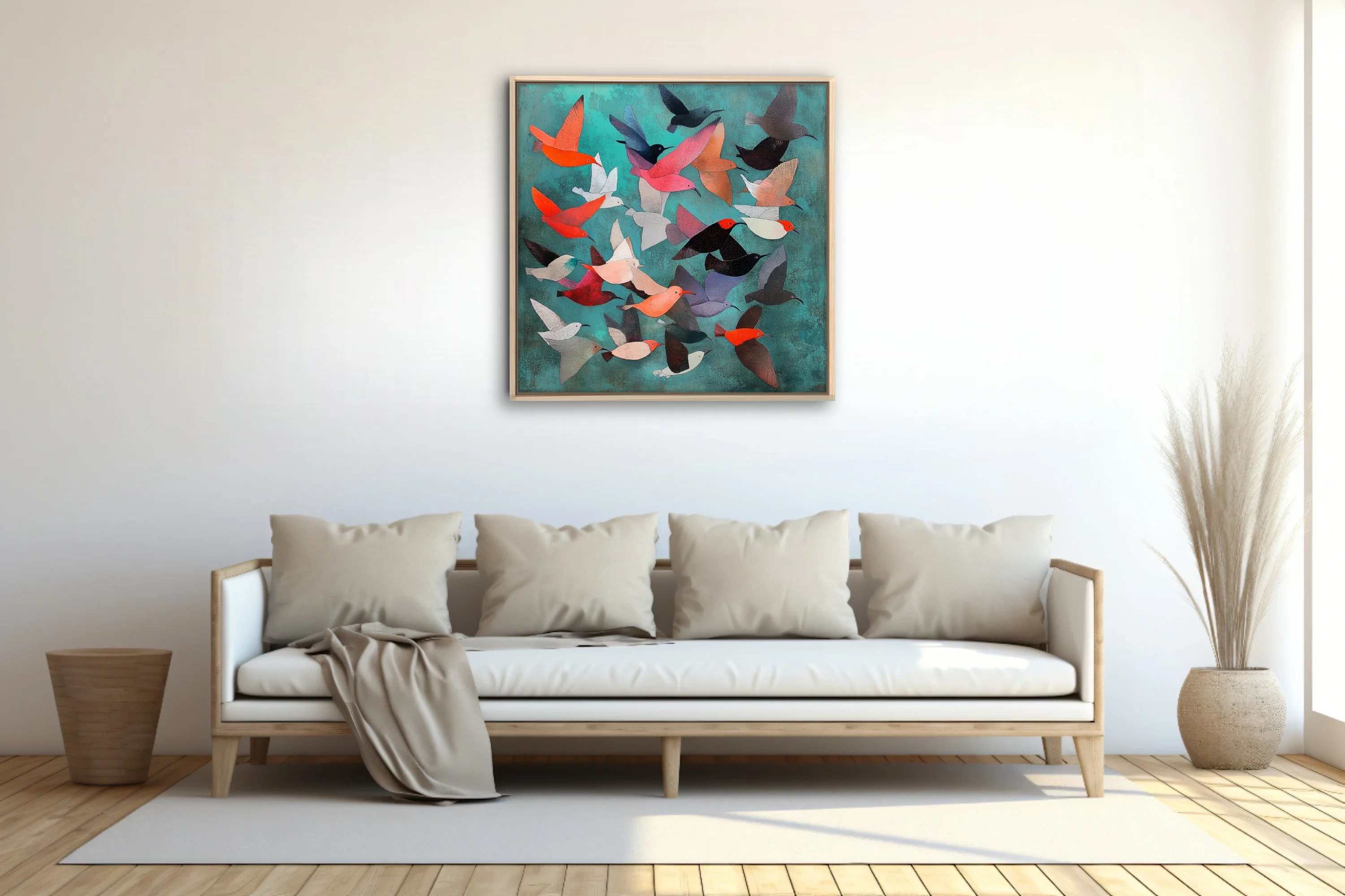 Abstract folk-art birds in flight, coral and teal palette, colorful stylized illustration