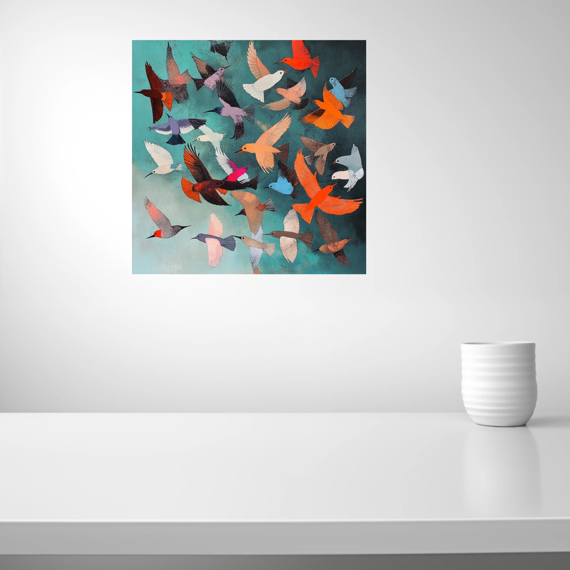 Colorful abstract flock of stylized birds in flight on teal background