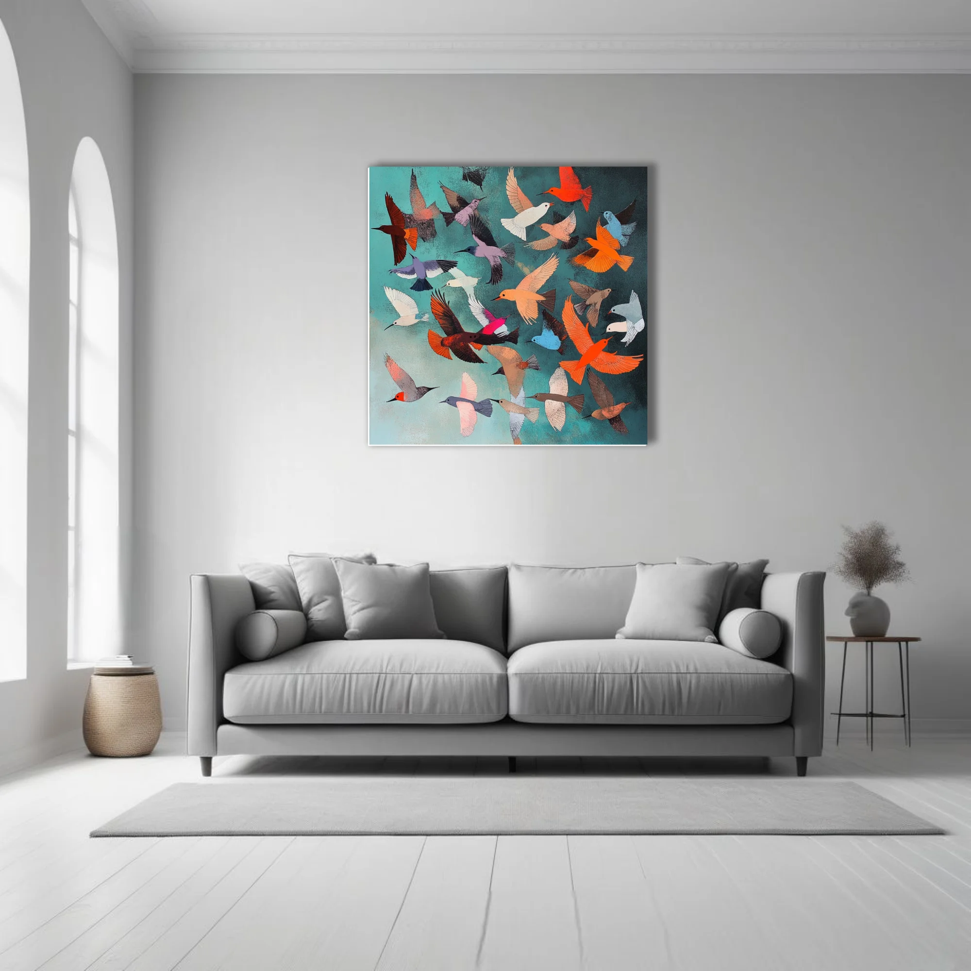 Colorful abstract flock of stylized birds in flight on teal background