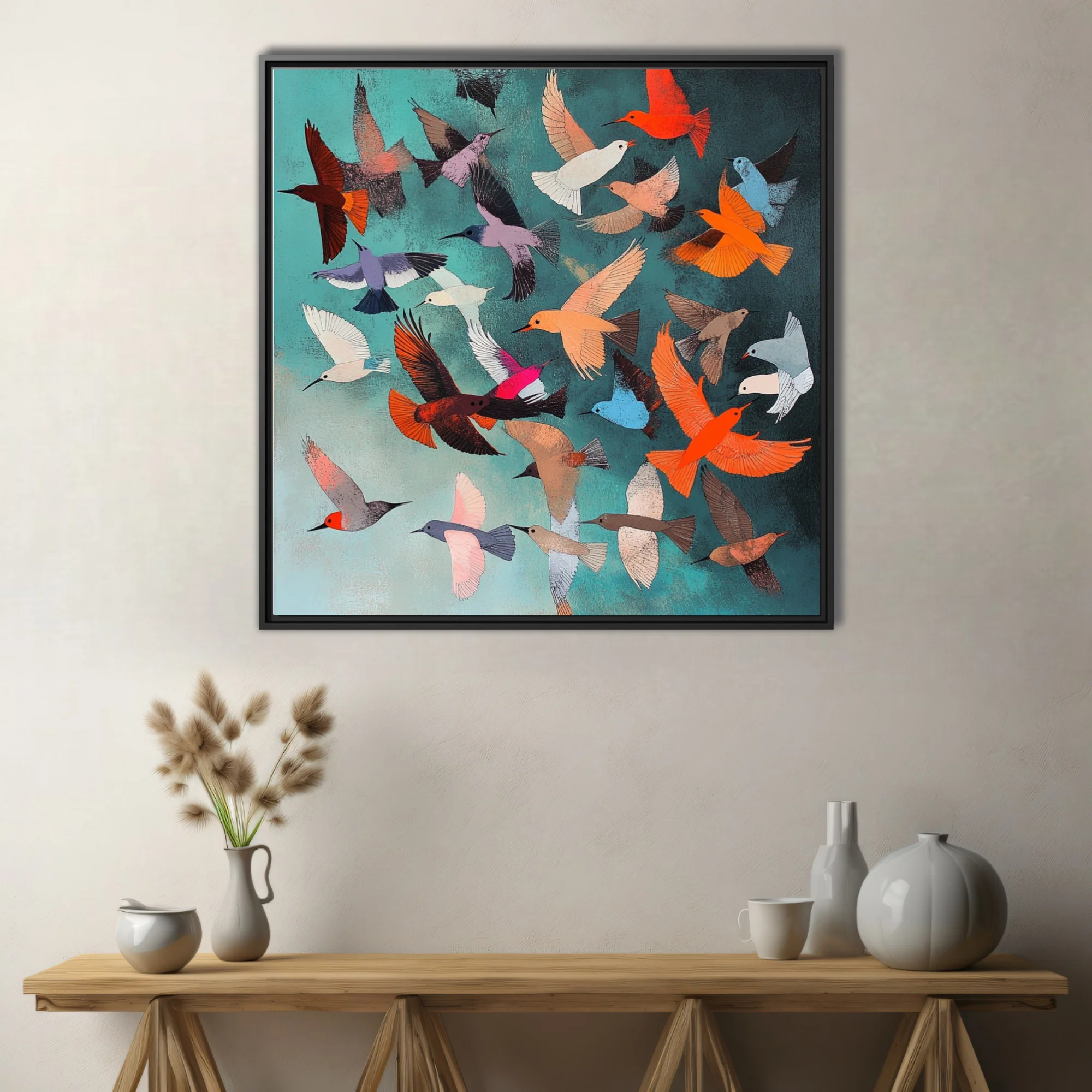 Colorful abstract flock of stylized birds in flight on teal background