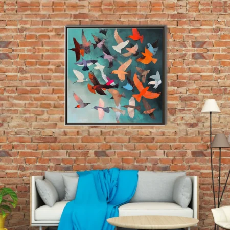 Colorful abstract flock of stylized birds in flight on teal background