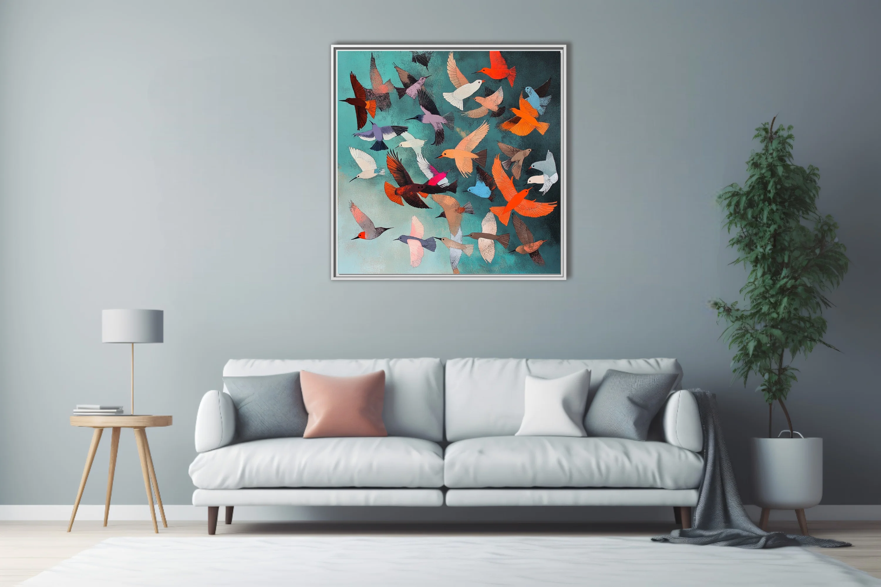 Colorful abstract flock of stylized birds in flight on teal background