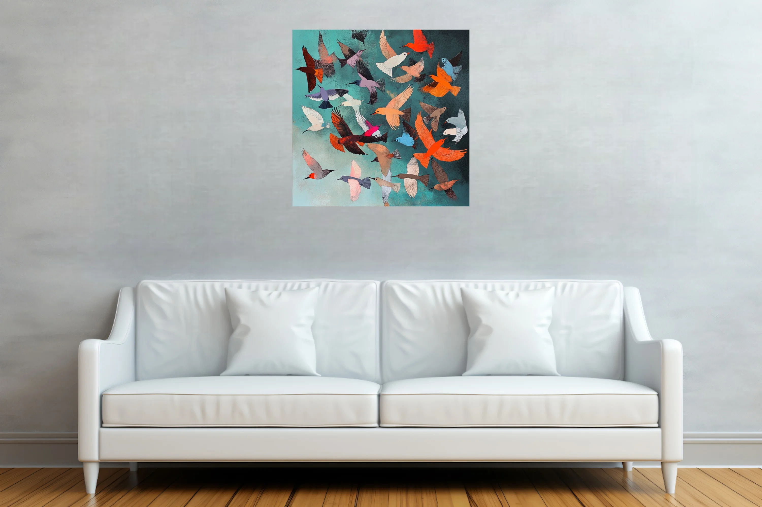 Colorful abstract flock of stylized birds in flight on teal background