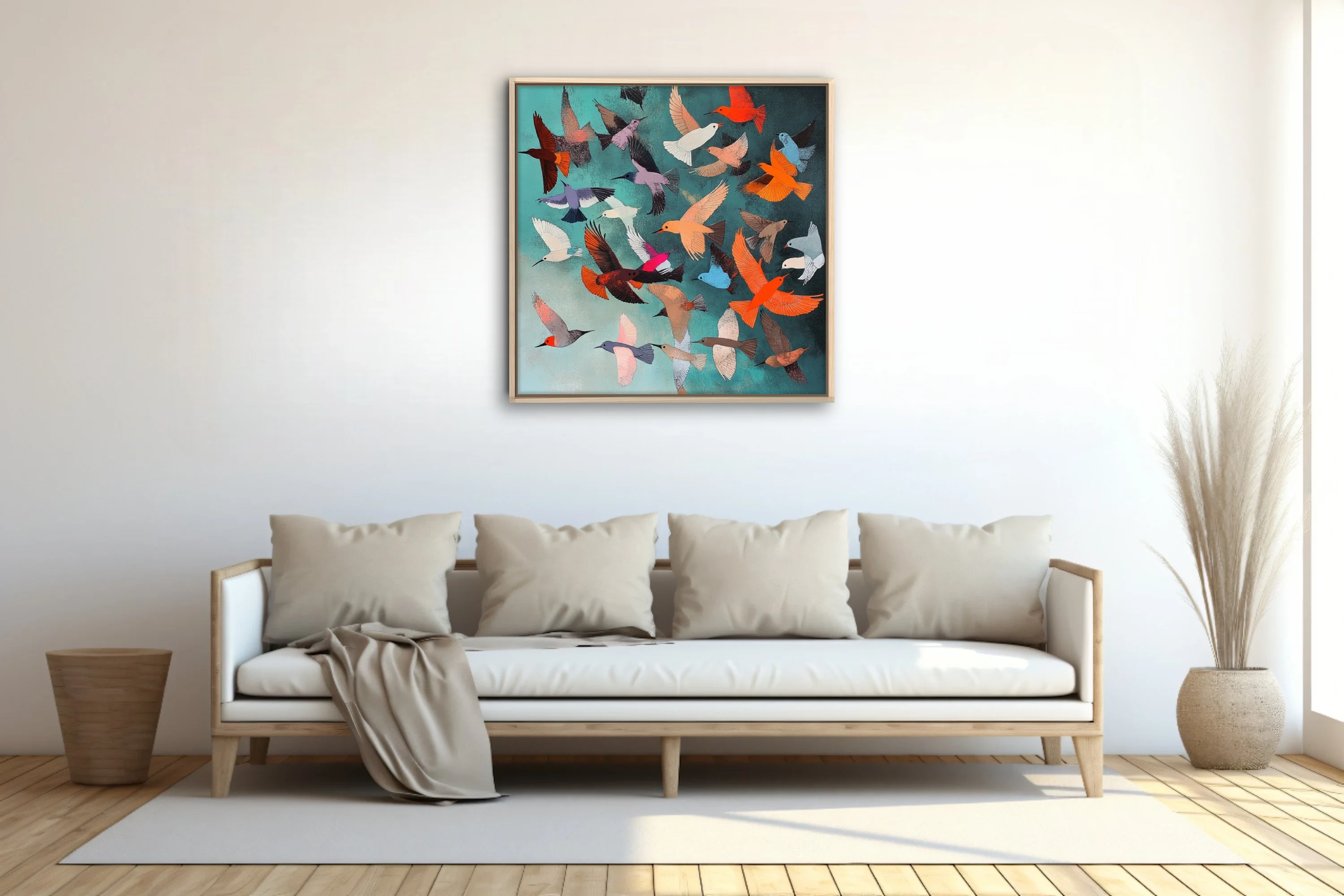 Colorful abstract flock of stylized birds in flight on teal background