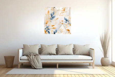 Watercolor-style abstract botanical print, blue and gold leaves on soft white