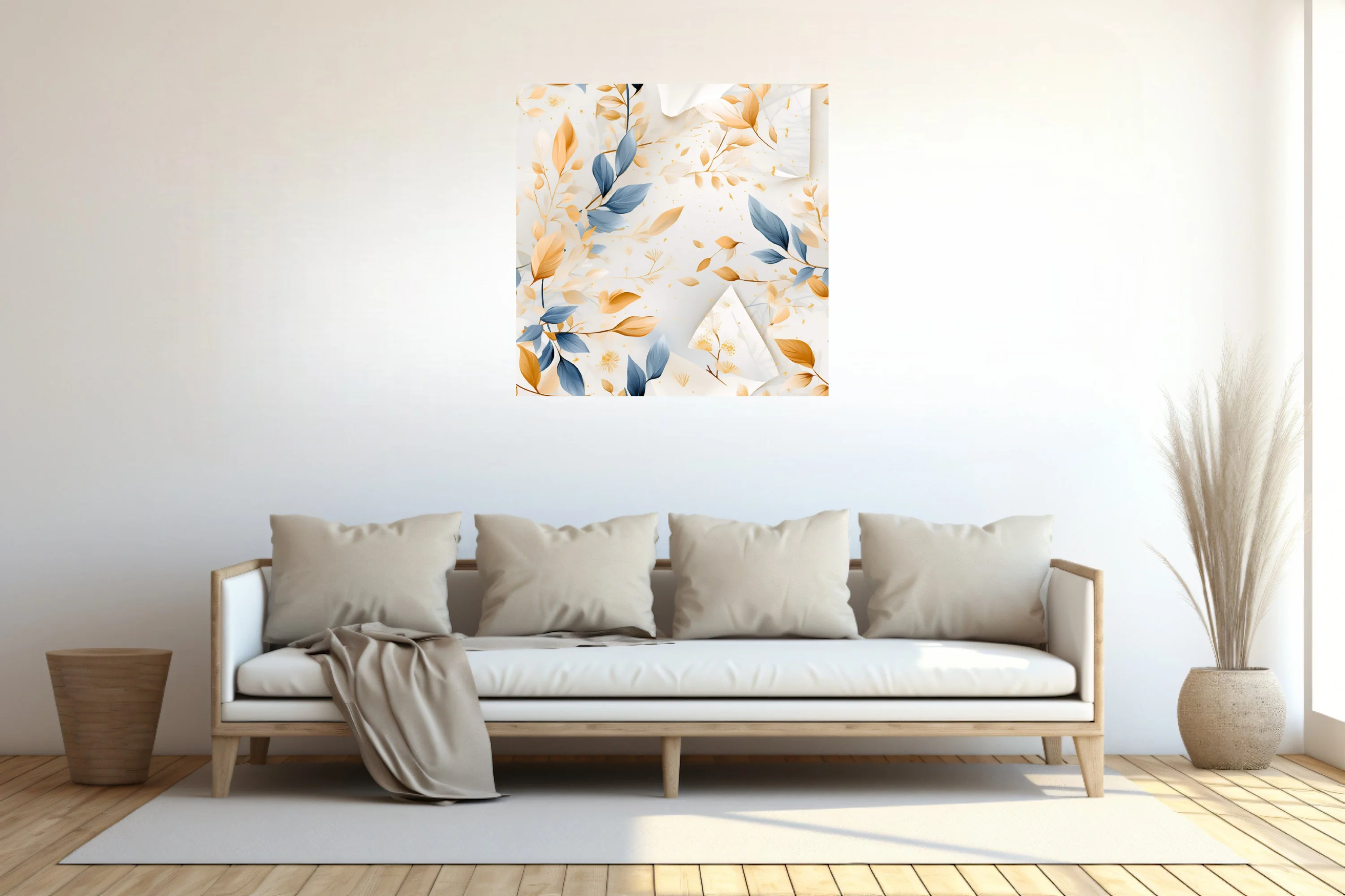 Watercolor-style abstract botanical print, blue and gold leaves on soft white