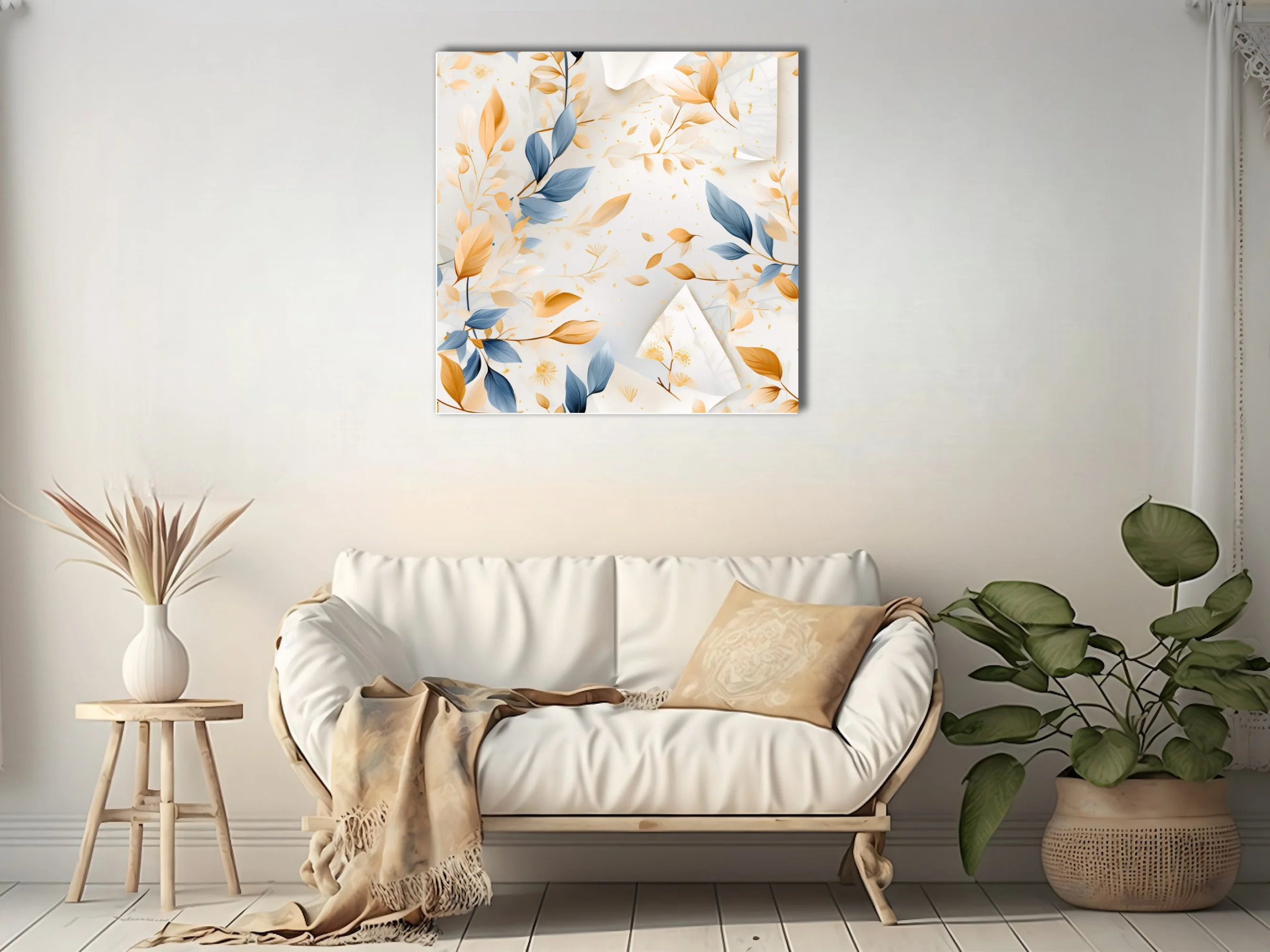 Watercolor-style abstract botanical print, blue and gold leaves on soft white