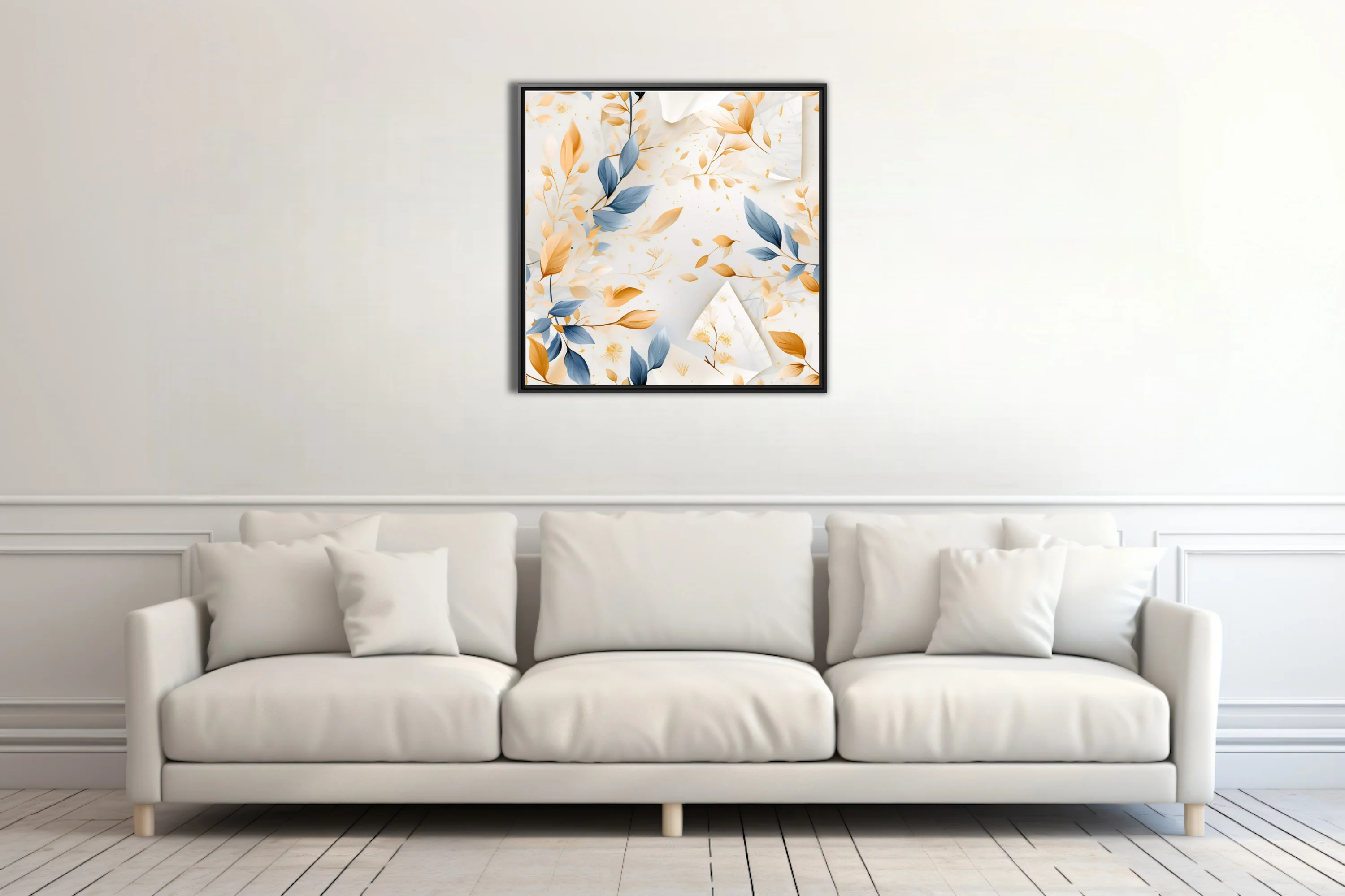 Watercolor-style abstract botanical print, blue and gold leaves on soft white