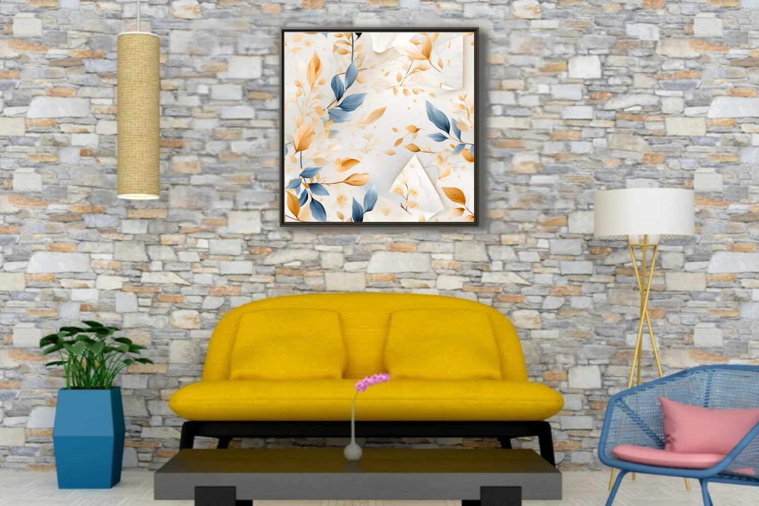 Watercolor-style abstract botanical print, blue and gold leaves on soft white
