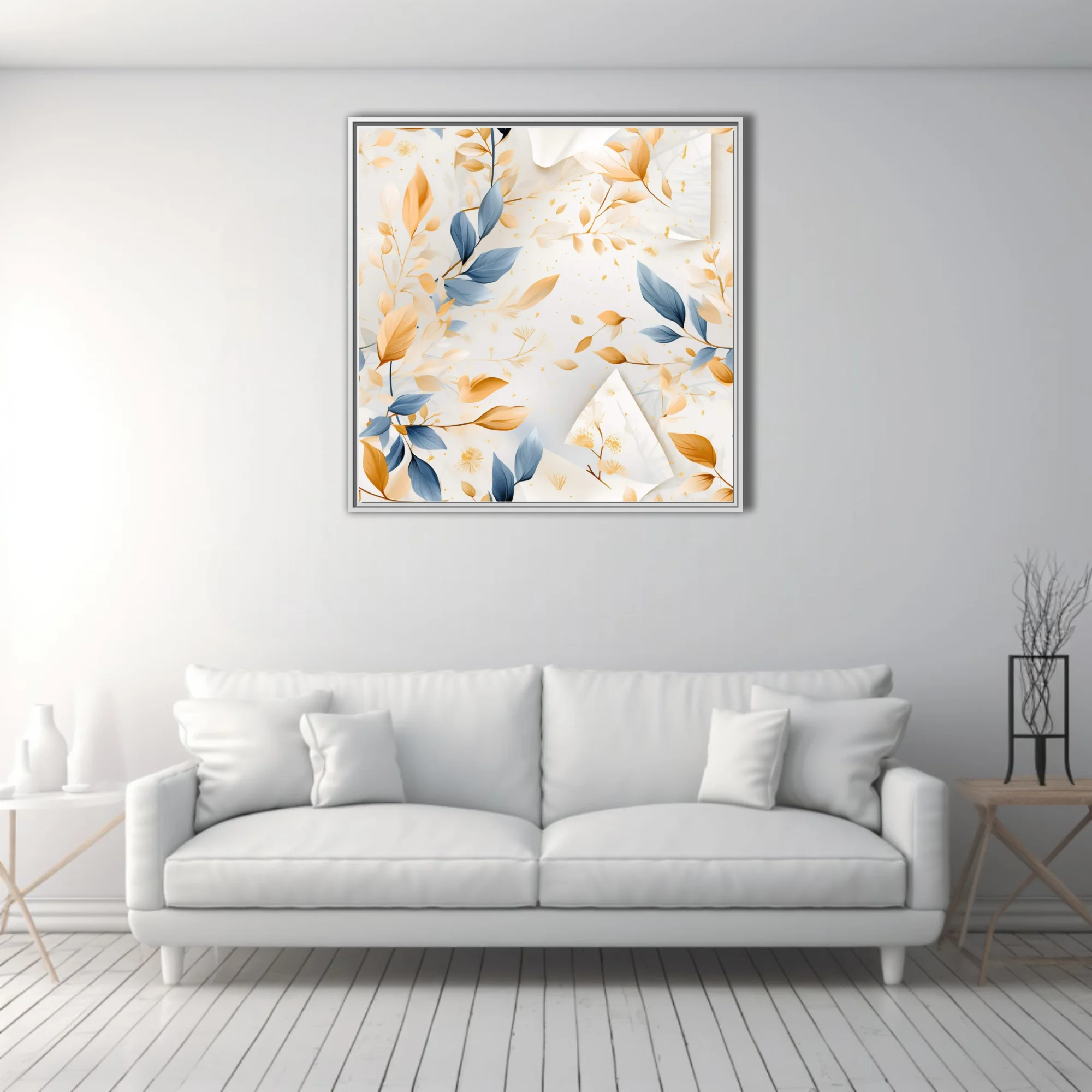 Watercolor-style abstract botanical print, blue and gold leaves on soft white
