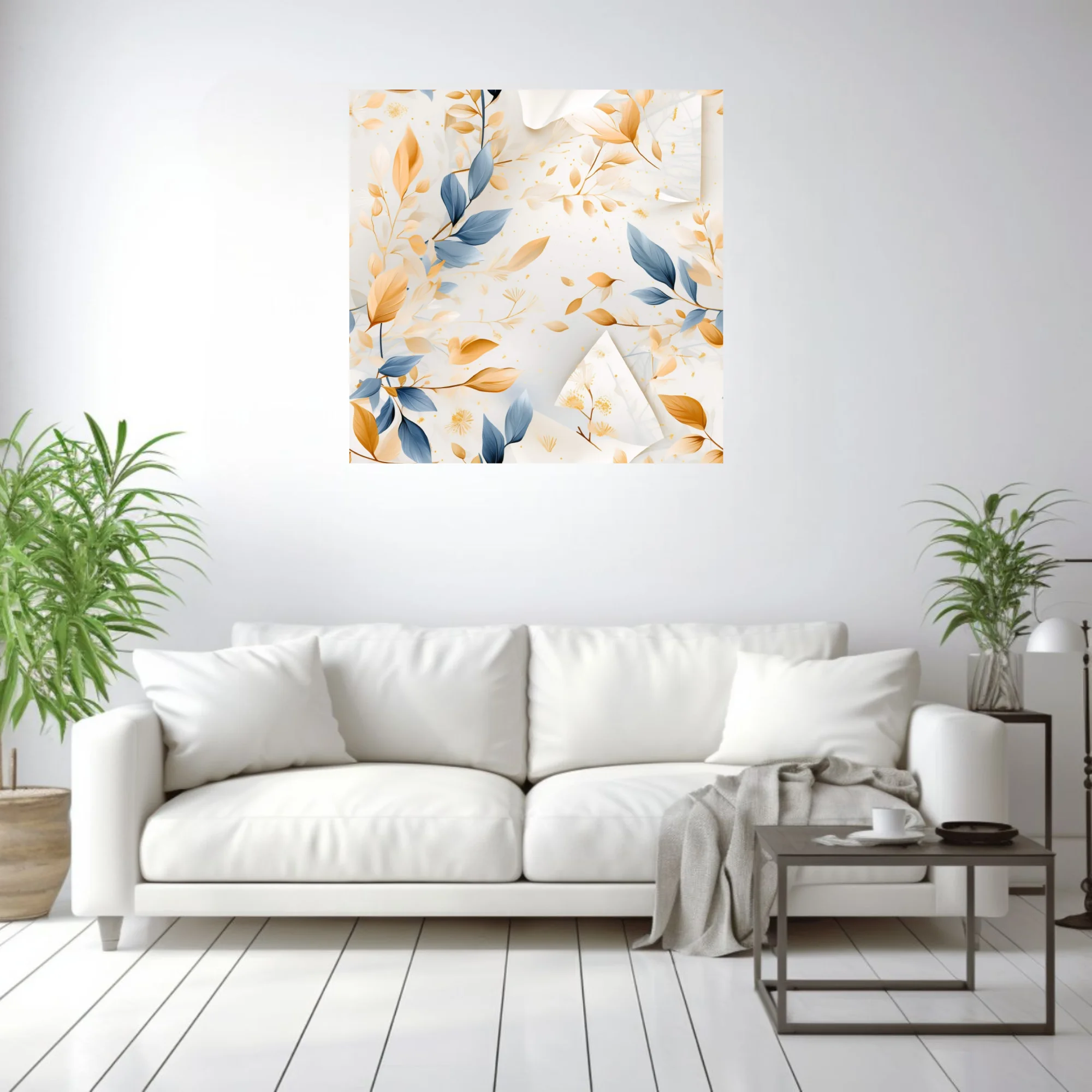 Watercolor-style abstract botanical print, blue and gold leaves on soft white