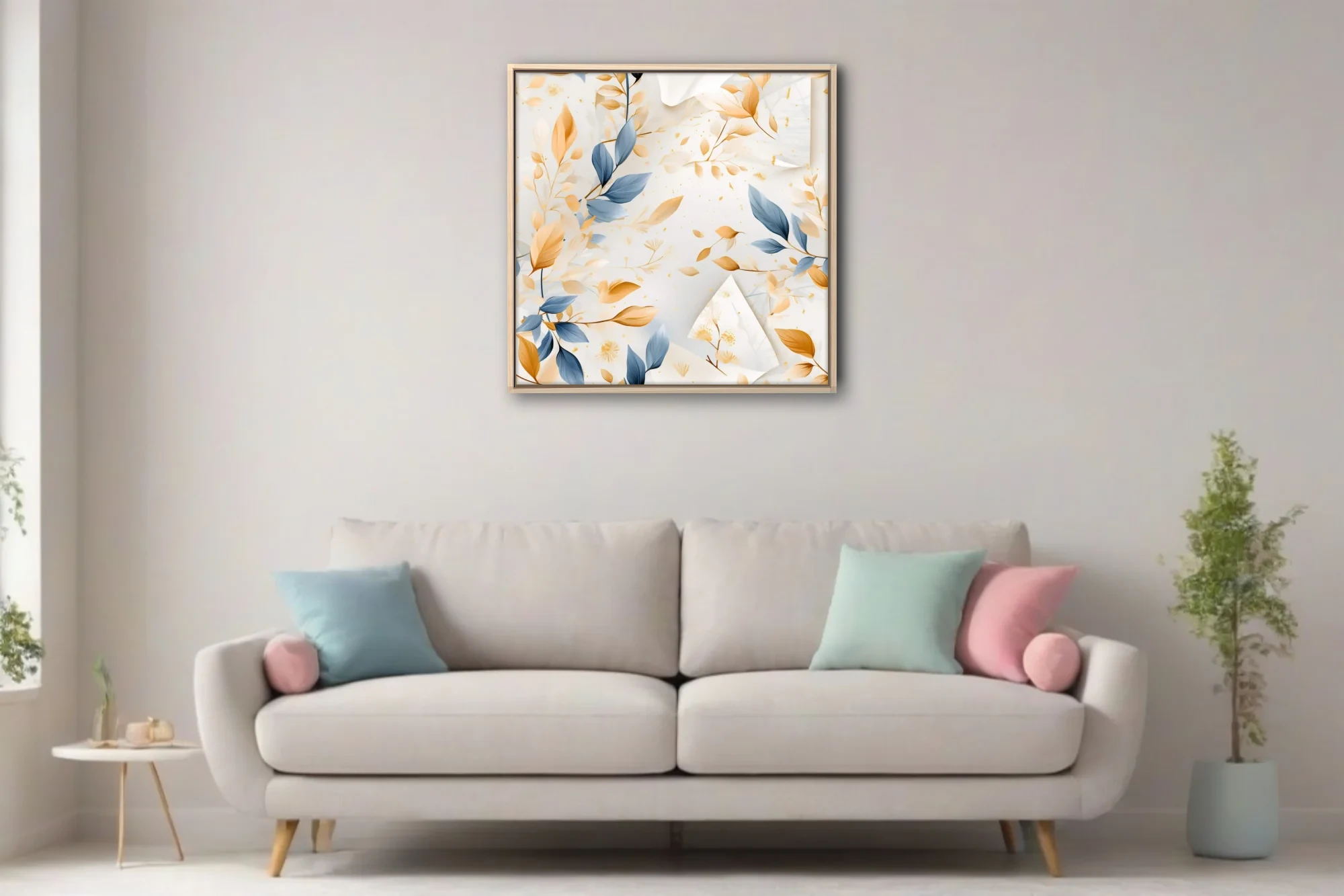 Watercolor-style abstract botanical print, blue and gold leaves on soft white