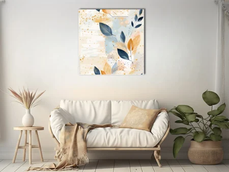Boho abstract botanical leaves navy gold watercolor-style spatter on cream