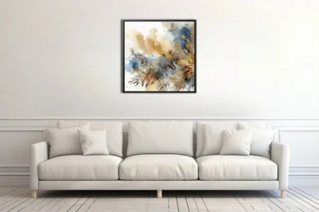 Abstract botanical watercolor-style art with gold foliage and navy blue washes