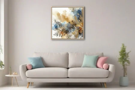 Abstract botanical watercolor-style art with gold foliage and navy blue washes